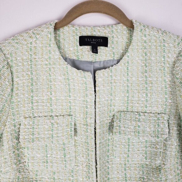 Talbots Tulip Patch Tweed Jacket Pastel Green Boucle Crew Neck Blazer Size 6P - Picture 3 of 6